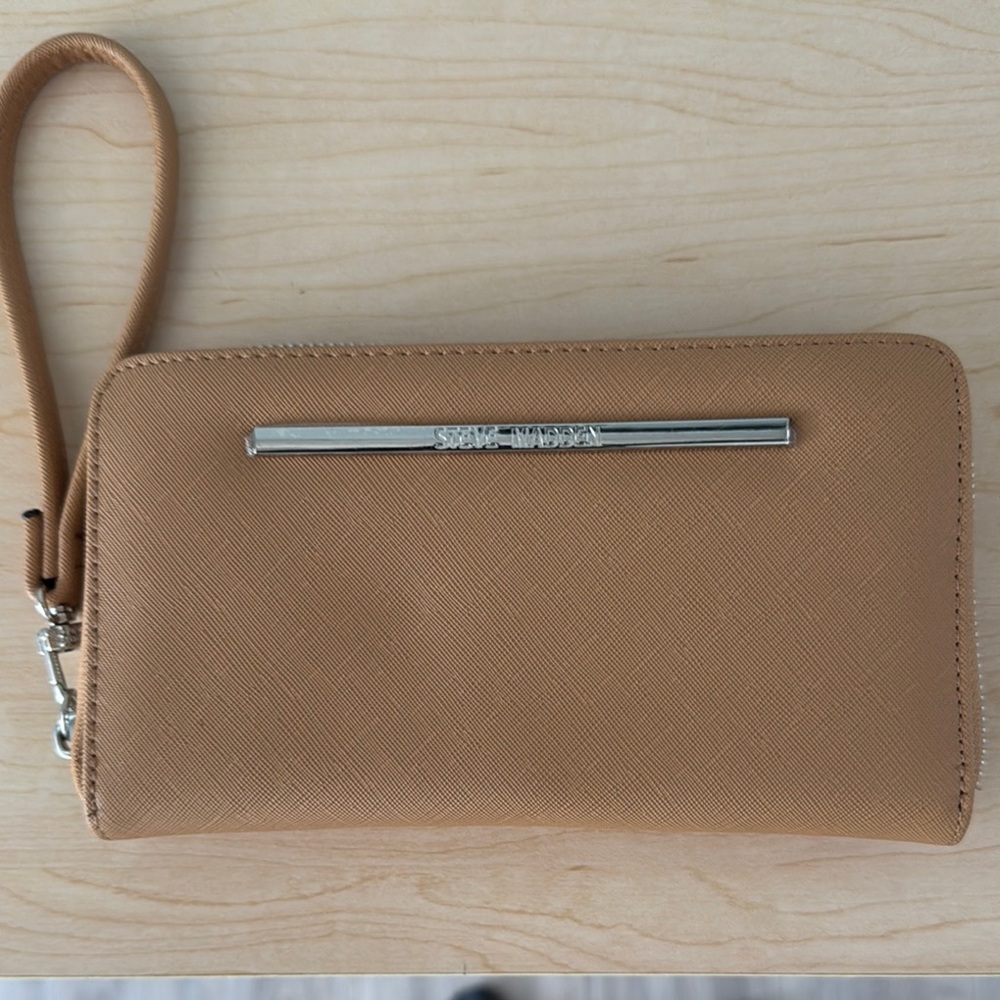 Steve Madden Tan Clutch with Wristlet and Metallic Accent